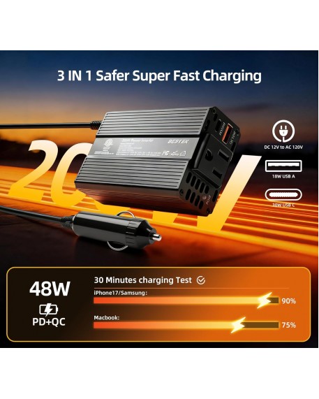 BESTEK 200W Car Power Inverter DC 12V to AC 110V, with PD 30W USB-C & QC18W USB-A Fast Charging Ports